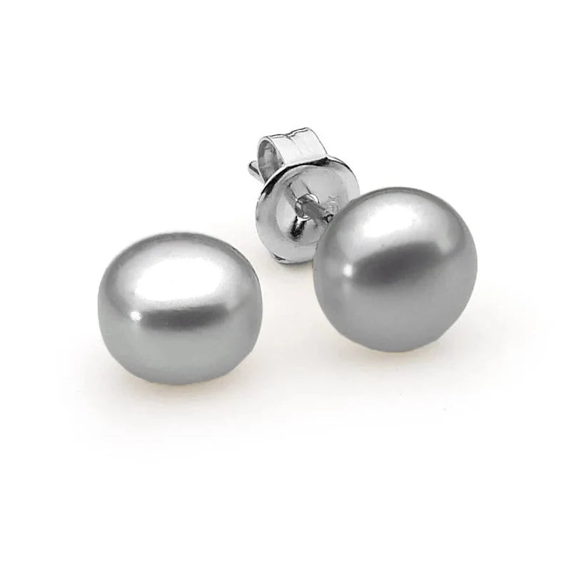 IKECHO Dyed Grey Button Studs - 8mm Freshwater Pearl with Sterling Silver