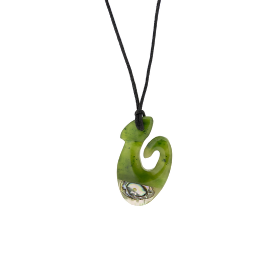 Jade Pendant - Hei Matau / Fish Hook with Paua 35mm