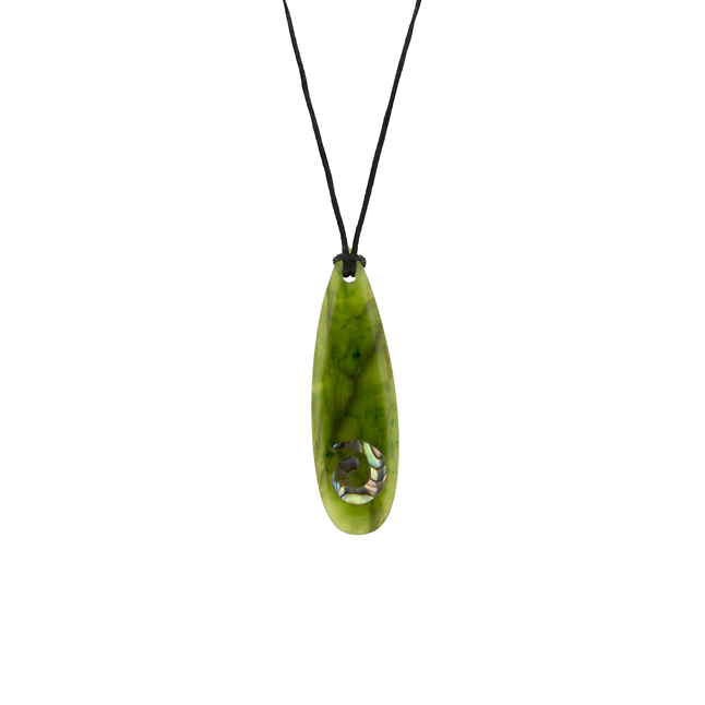 Jade Pendant - Teardrop with Paua Koru 60mm