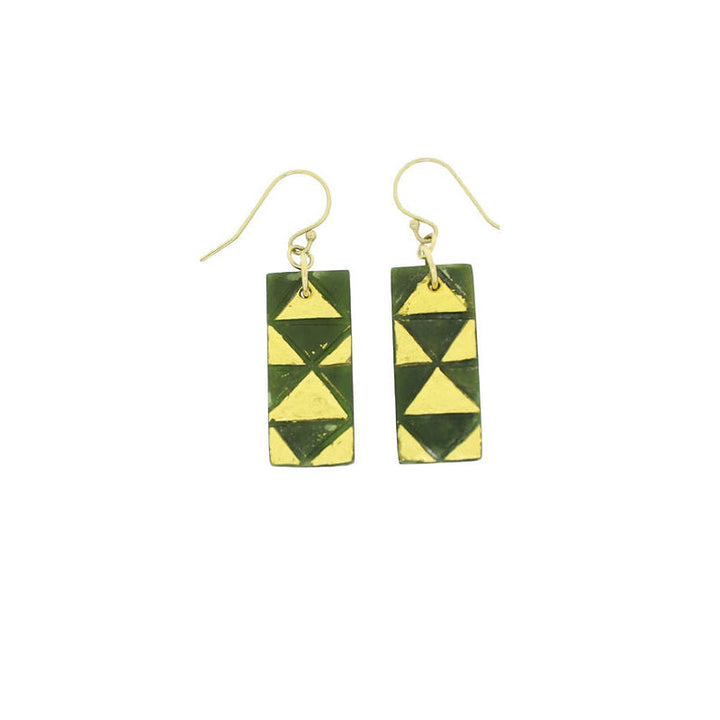New Zealand Greenstone Geometric Gold Accent Earrings