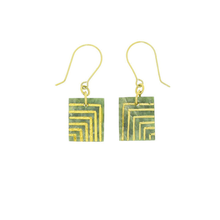 New Zealand Greenstone Geometric Right-Angle Gold Accent Earrings