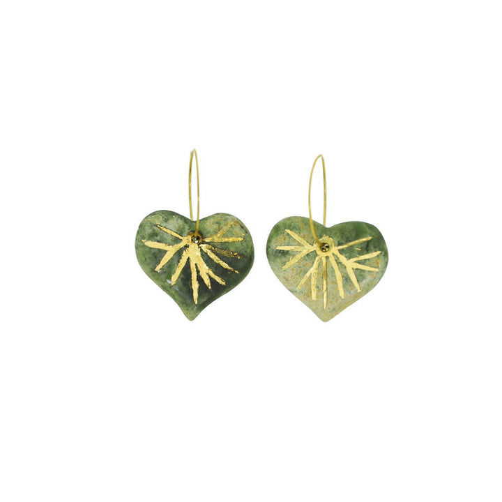 New Zealand Greenstone Heart Earrings with Gold Veins