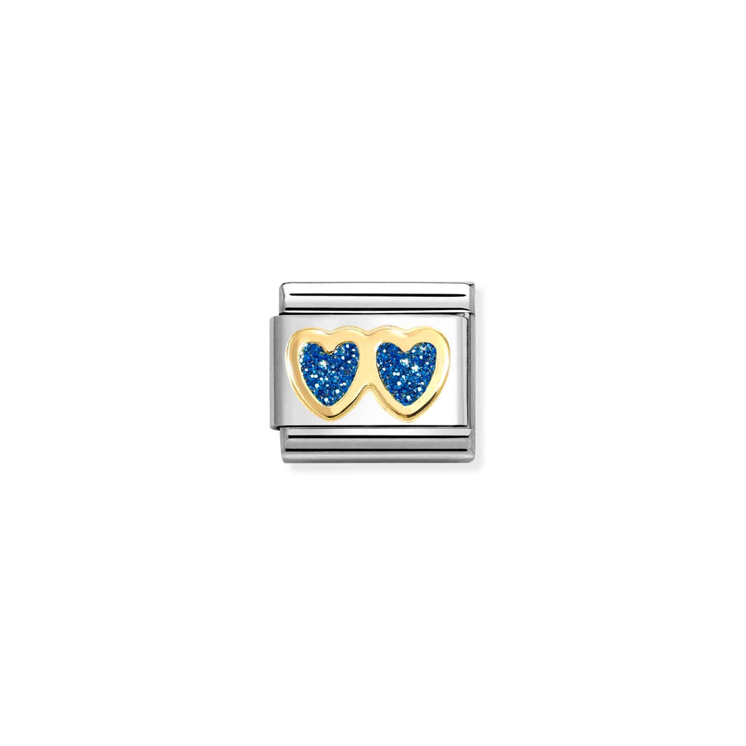 Nomination Classic Link 030220/11 Double Heart in 18k Gold & Blue Glitter Ename