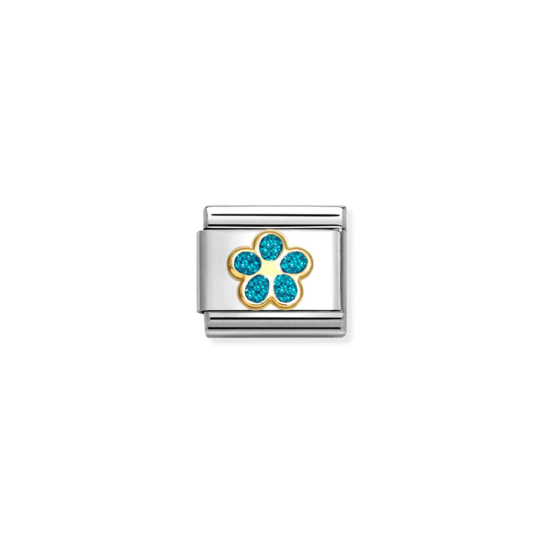Nomination Classic Link 030220/16 Flower in 18k Gold & Light Blue Glitter Ename