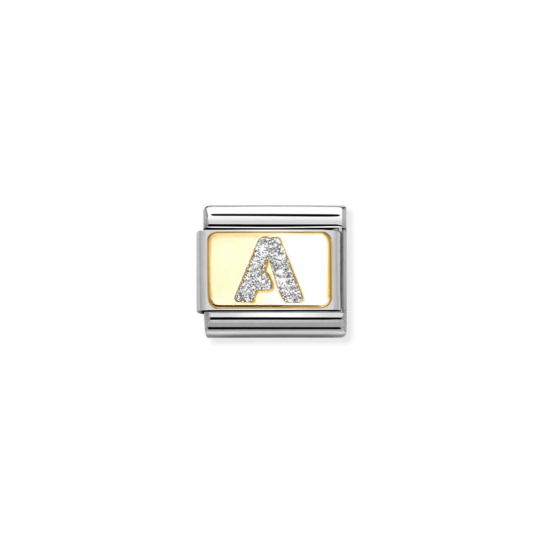 Nomination Classic Link 030291/01 Silver Letter A in 18k Gold & Glitter Enamel