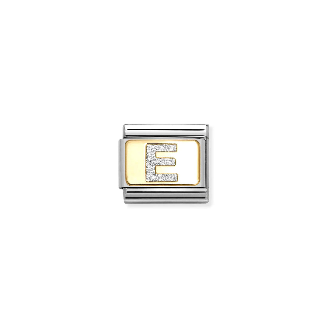 Nomination Classic Link 030291/05 Silver Letter E in 18k Gold & Glitter Enamel