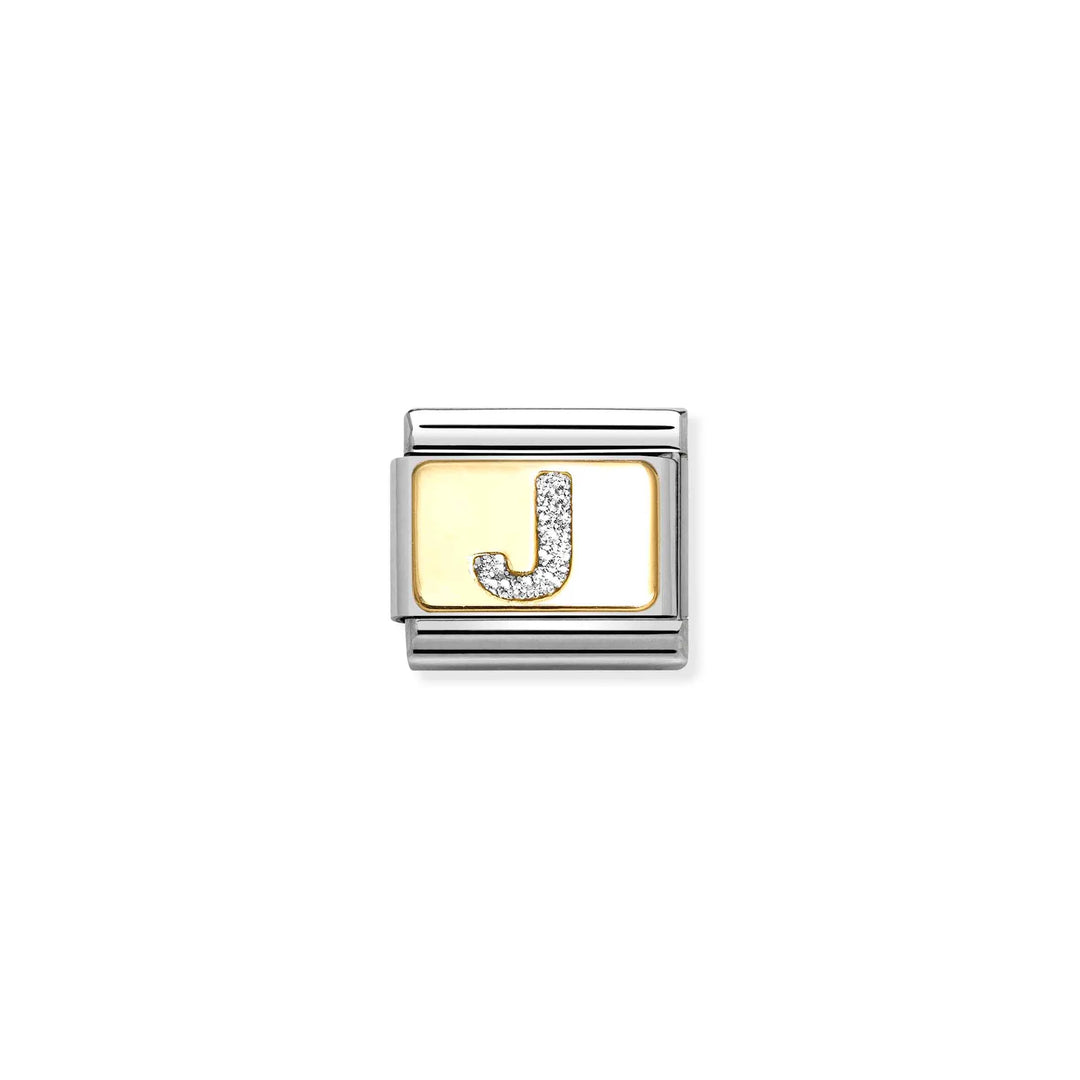 Nomination Classic Link 030291/10 Silver Letter J in 18k Gold & Glitter Enamel
