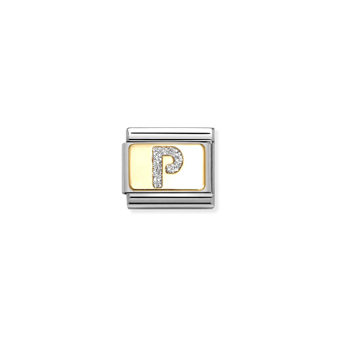 Nomination Classic Link 030291/16 Silver Letter P in 18k Gold & Glitter Enamel