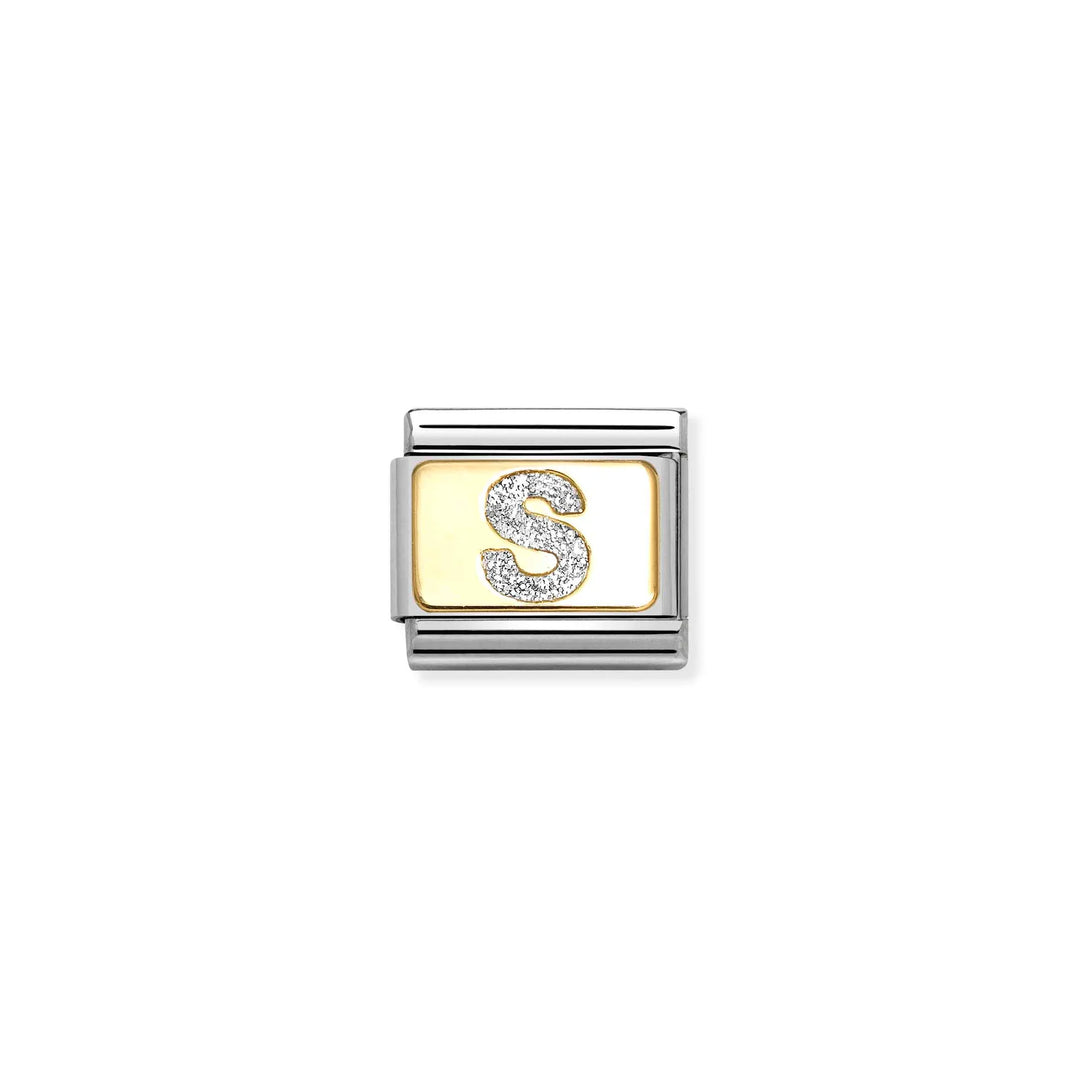 Nomination Classic Link 030291/19 Silver Letter S in 18k Gold & Glitter Enamel