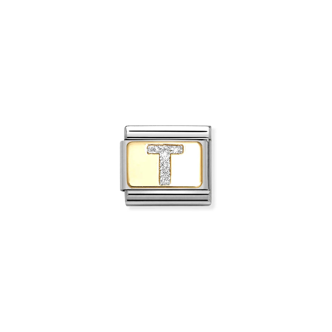 Nomination Classic Link 030291/20 Silver Letter T in 18k Gold & Glitter Enamel