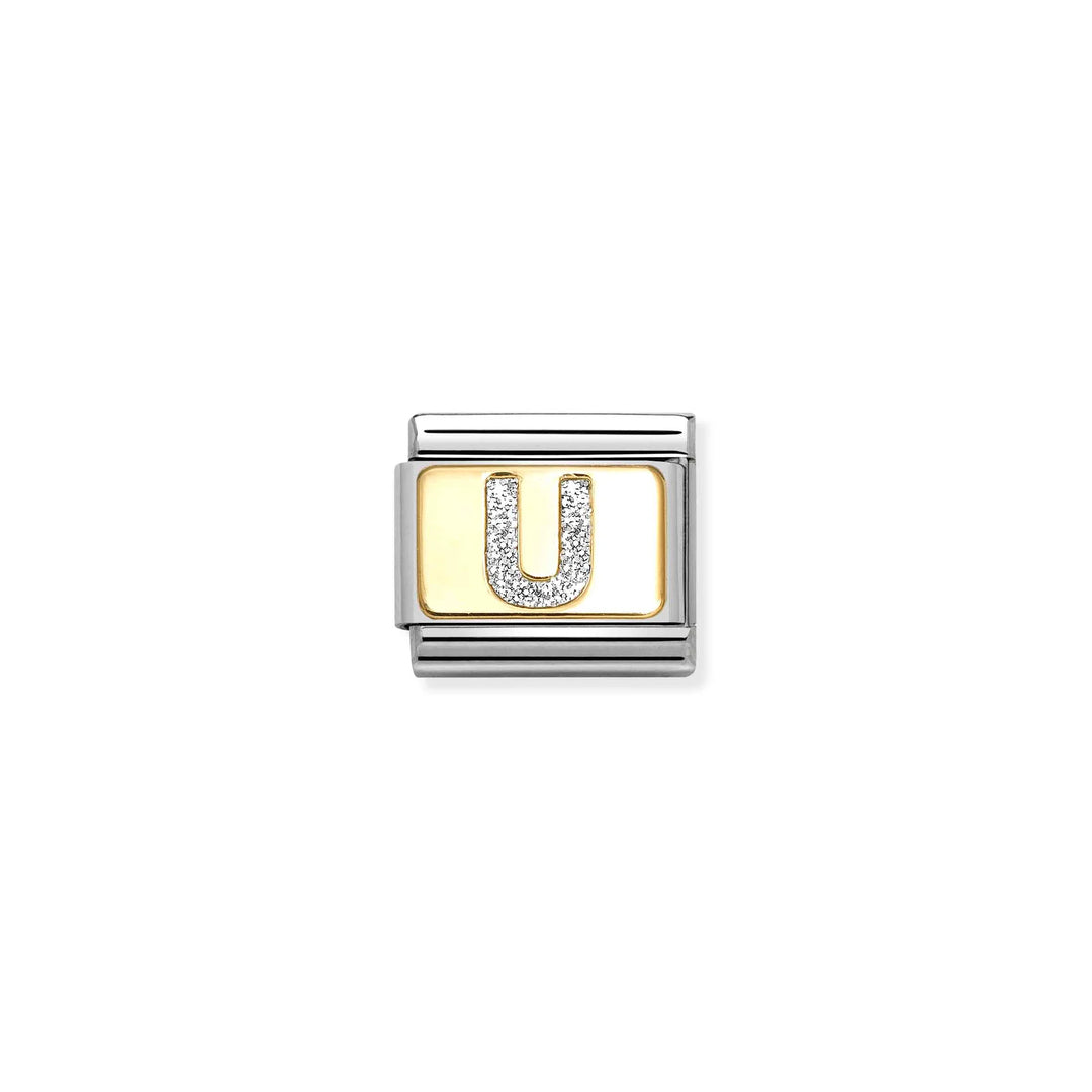 Nomination Classic Link 030291/21 Silver Letter U in 18k Gold & Glitter Enamel