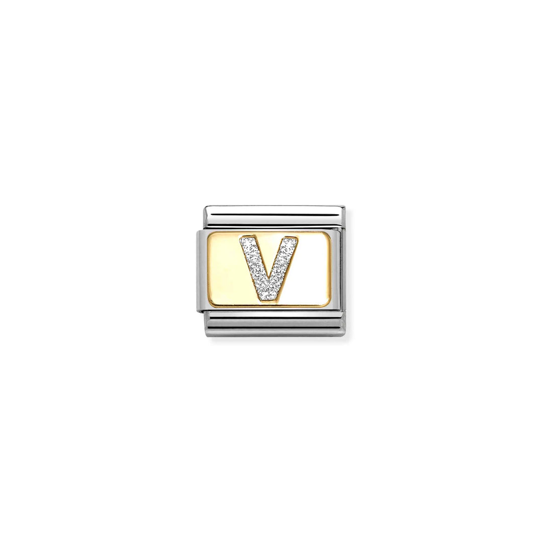 Nomination Classic Link 030291/22 Silver Letter V in 18k Gold & Glitter Enamel