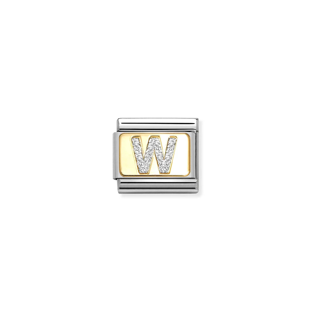 Nomination Classic Link 030291/23 Silver Letter W in 18k Gold & Glitter Enamel