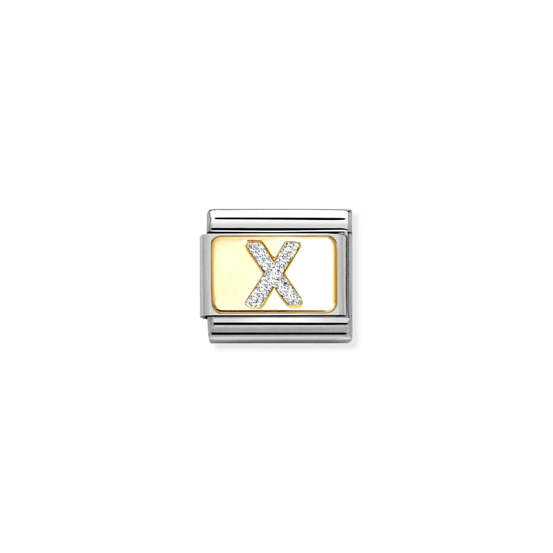 Nomination Classic Link 030291/24 Silver Letter X in 18k Gold & Glitter Enamel