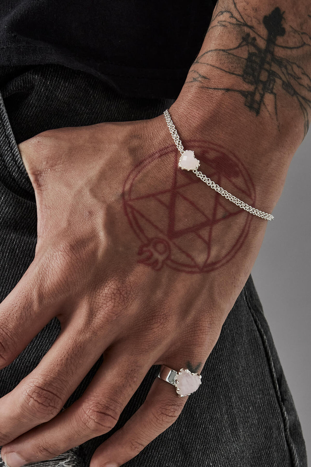 Stolen Silver Love Claw Bracelet  - Rose Quartz