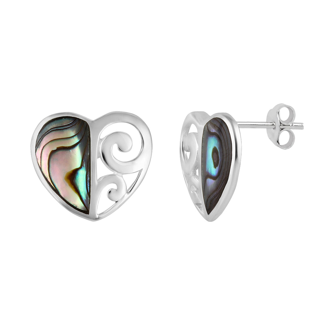 LT Sterling Silver Large Paua Heart Koru Stud Earrings