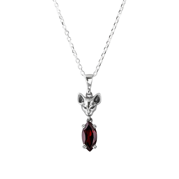 Nick Von K Sterling Silver with Garnet Salem Cat Drop Necklace