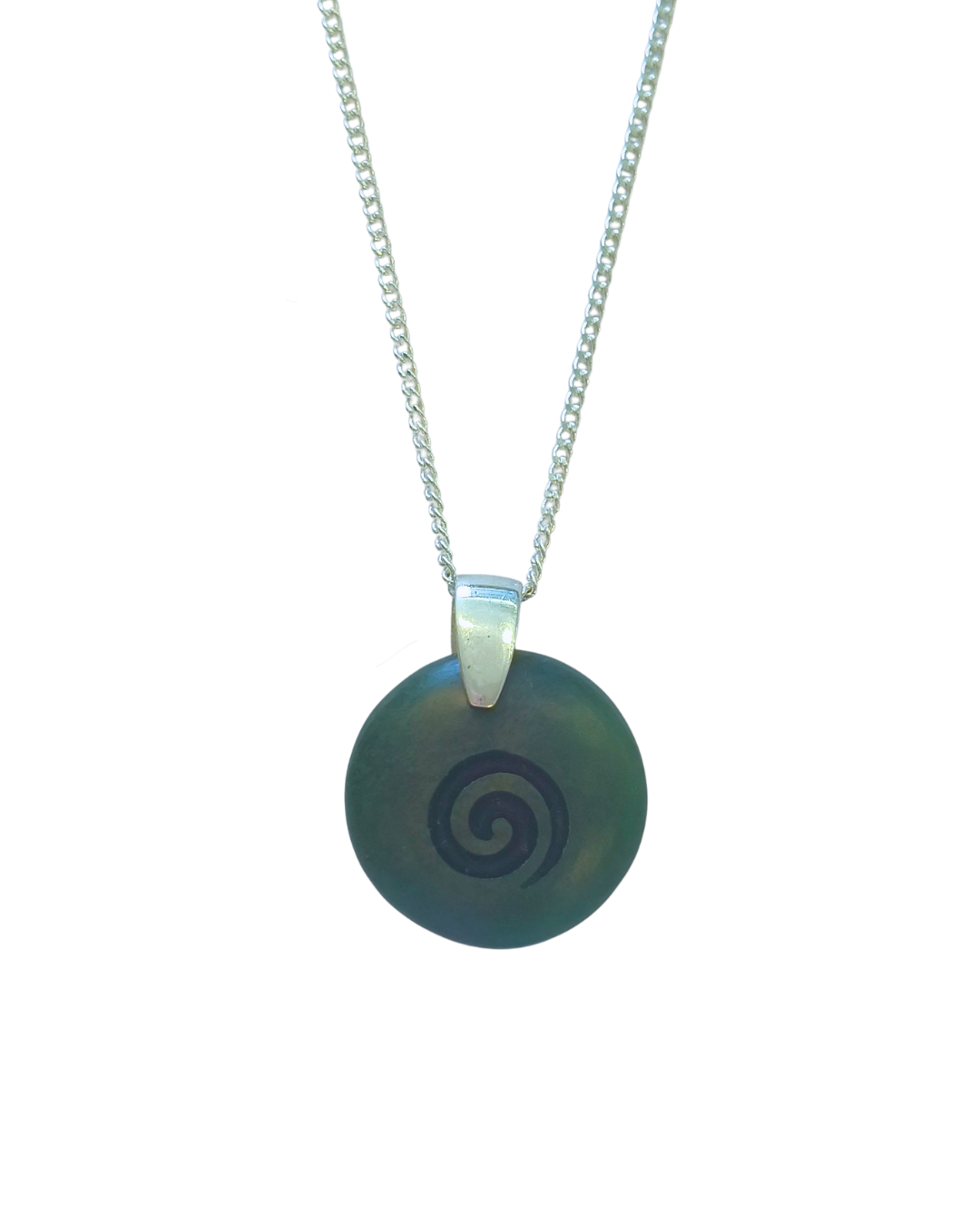 Mana NZ Greenstone Carved Koru Silver Necklace 27mm