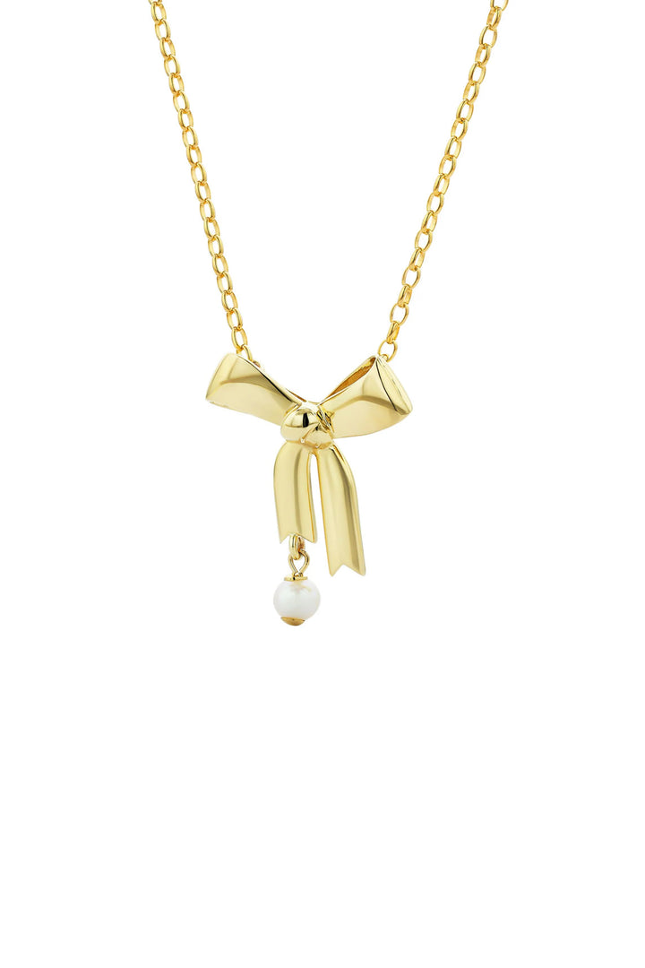Karen Walker Gold Plated Bow Necklace with 5.5mm Fresh Water Pearl 45cm