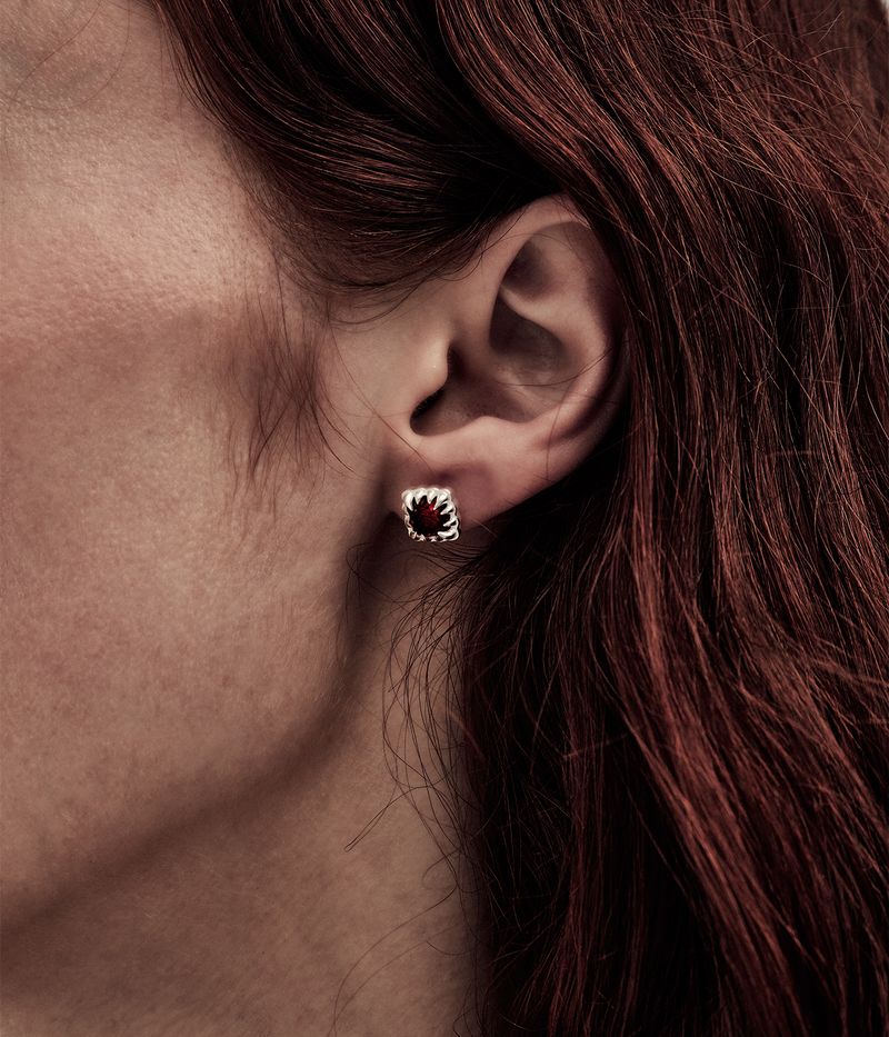 Stolen Silver Mini Claw Stud Earrings - Red Garnet