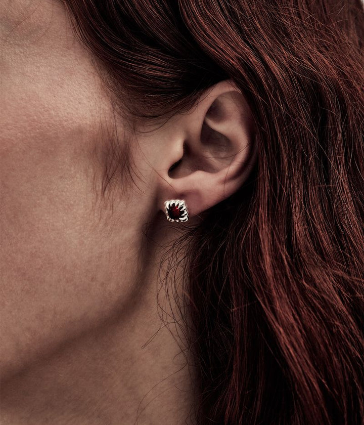Stolen Silver Mini Claw Stud Earrings - Red Garnet