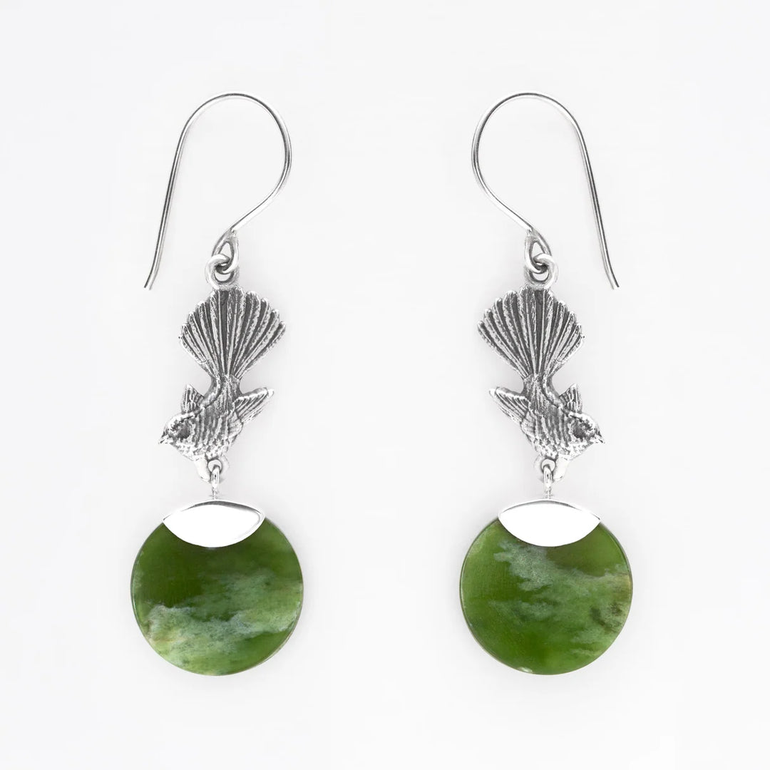 Nick Von K Sterling Silver and Pounamu Piwakwaka Circle Earrings