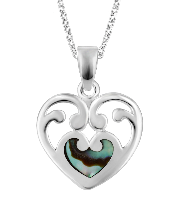 LT Sterling Silver Paua Heart Koru Necklace