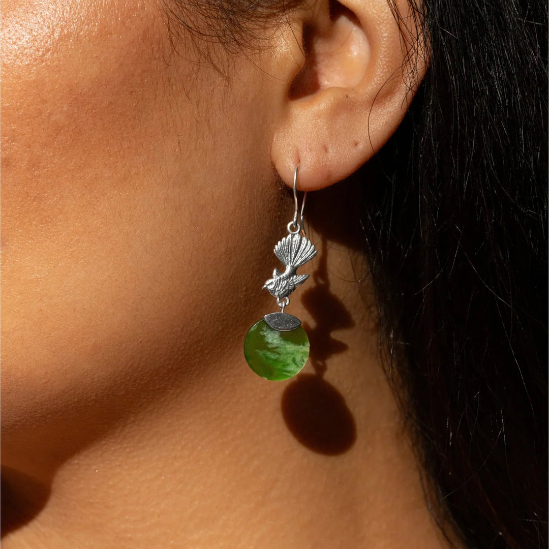 Nick Von K Sterling Silver and Pounamu Piwakwaka Circle Earrings