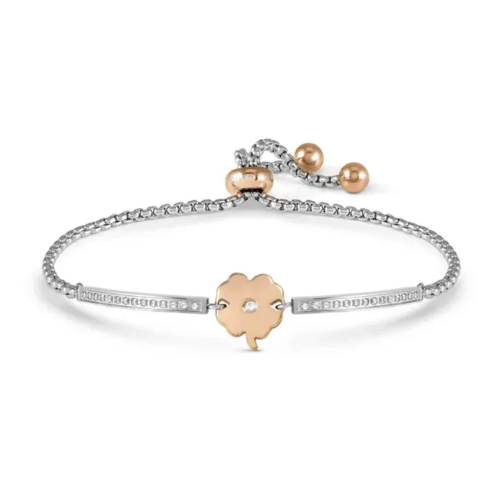 Nomination Milleluci Bracelet in Stainless Steel & CZ Rose Gold Four Leaf Clover