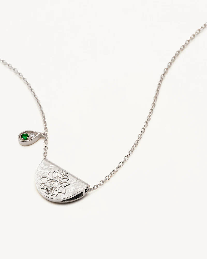 By Charlotte Sterling Silver Lotus May Birthstone Necklace - Emerald