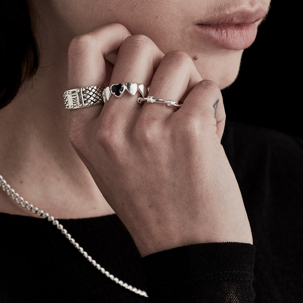 Stolen Silver Band Of Hearts Ring- Onyx