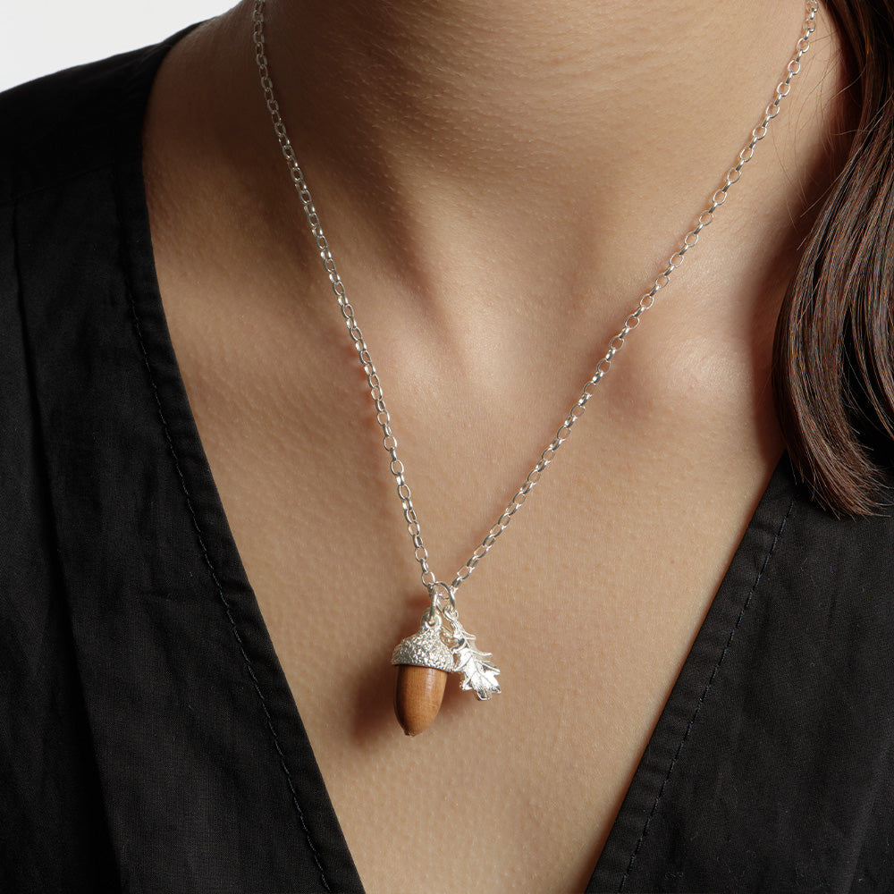 Karen Walker Silver Wood Acorn & Leaf Necklace